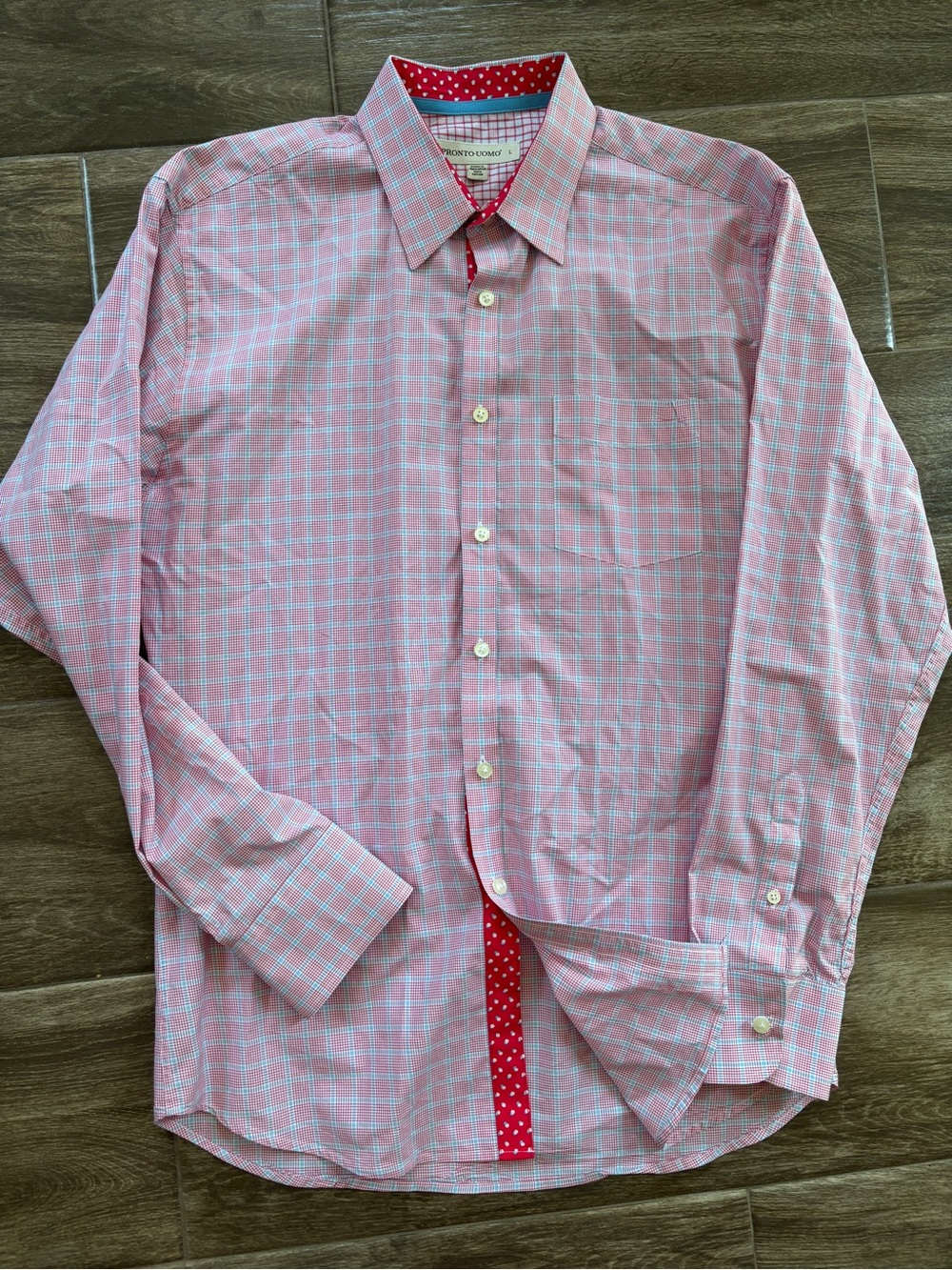 Pronto Uomo Men’s Sz L Red Blue Windowpane Long Sleeve Button-Up Shirt Classy
